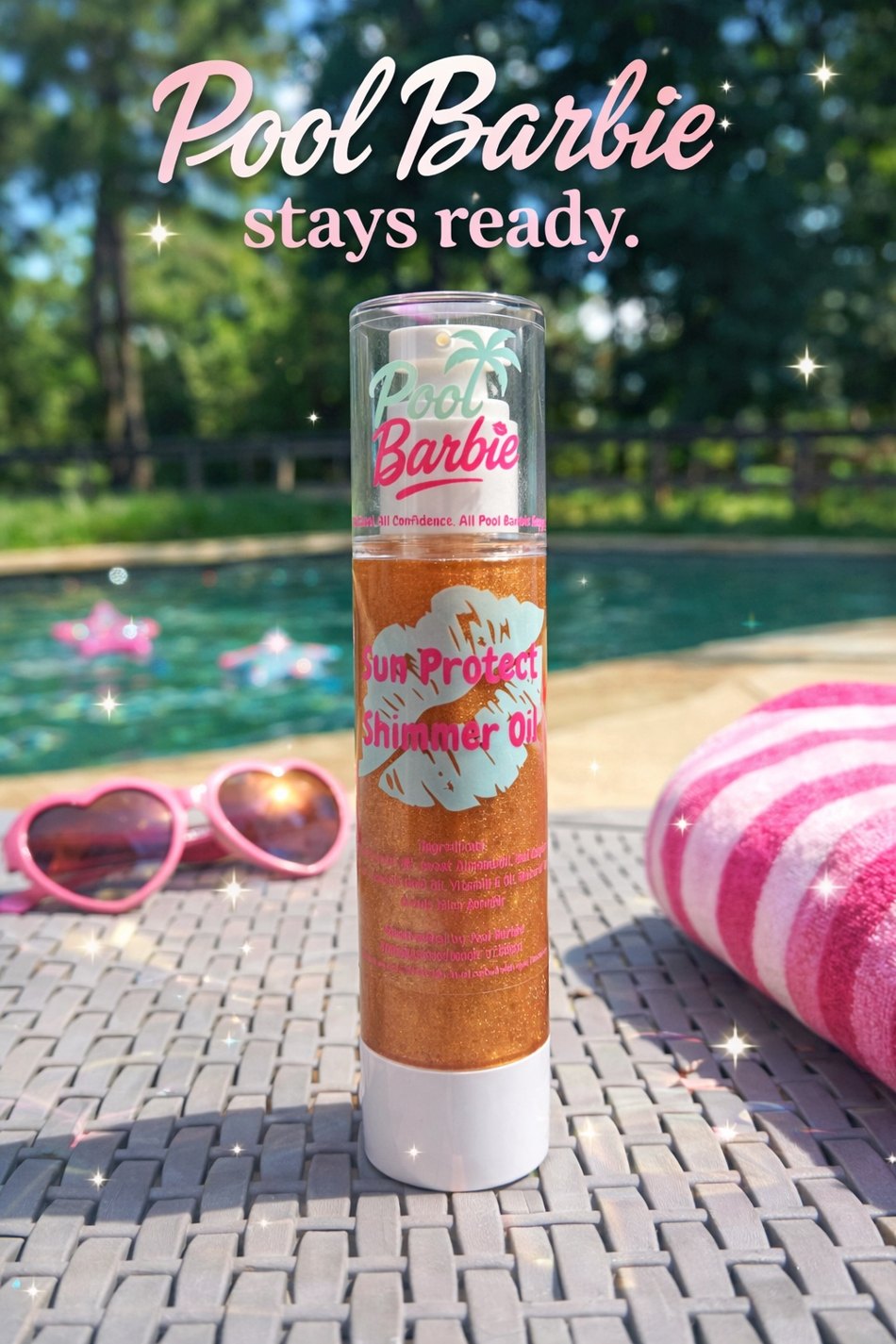 Authentic Pool Barbie shimmer oil bottle photographed beside a swimming pool